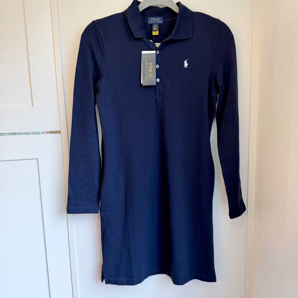 Polo Ralph Lauren Youth Polo Dress Sz L (12/14) Navy Pony Logo Long‎ Sleeve NWT